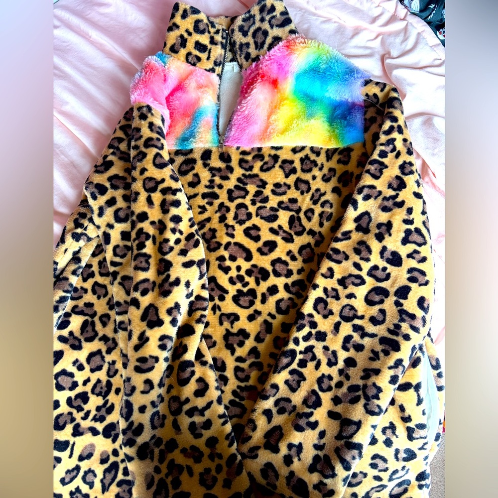 Leopard Print Fuzzy quarter zip with Rainbow  Accent